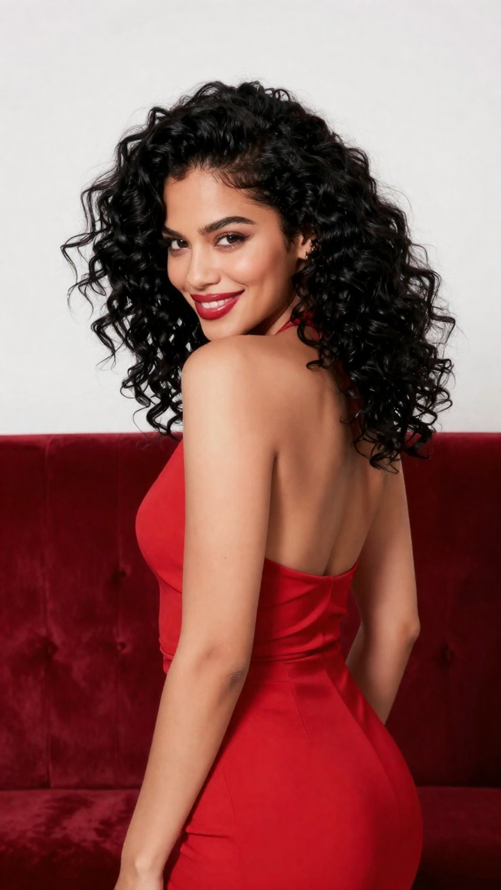 Fictional adult woman with voluminous black curls, عمر 26, backless red evening dress, turning with a